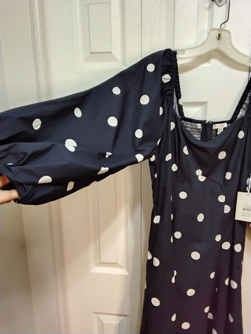 Polka Dot Puff-Sleeve Midi Dress - Navy & White - Picture 2 of 8